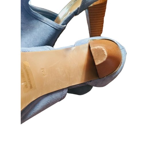 Guess Peep Toe Booties size 8.5 Stacked Heel wood Light Blue Gold Tone buckles - Picture 8 of 14